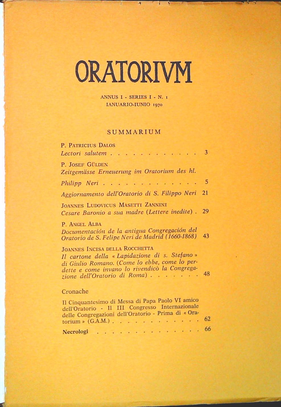ORATORIUM - GENNAIO -GIUGNO 1970