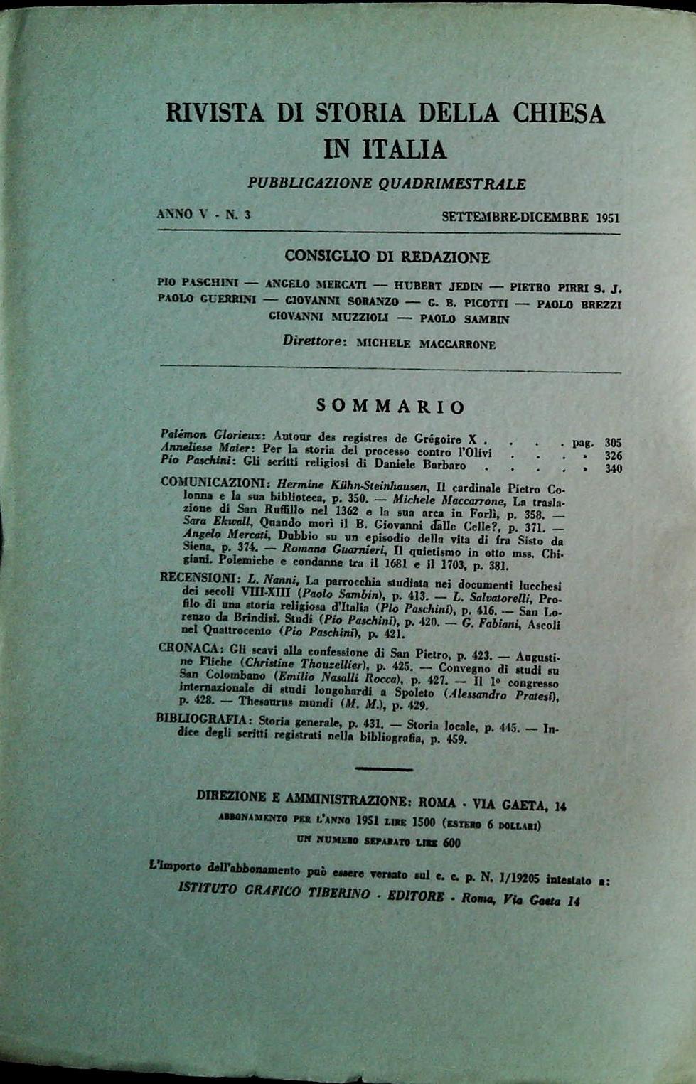 RIVISTA DI STORIA DELLA CHIESA - SETTEMBRE-DICEMBRE 1951