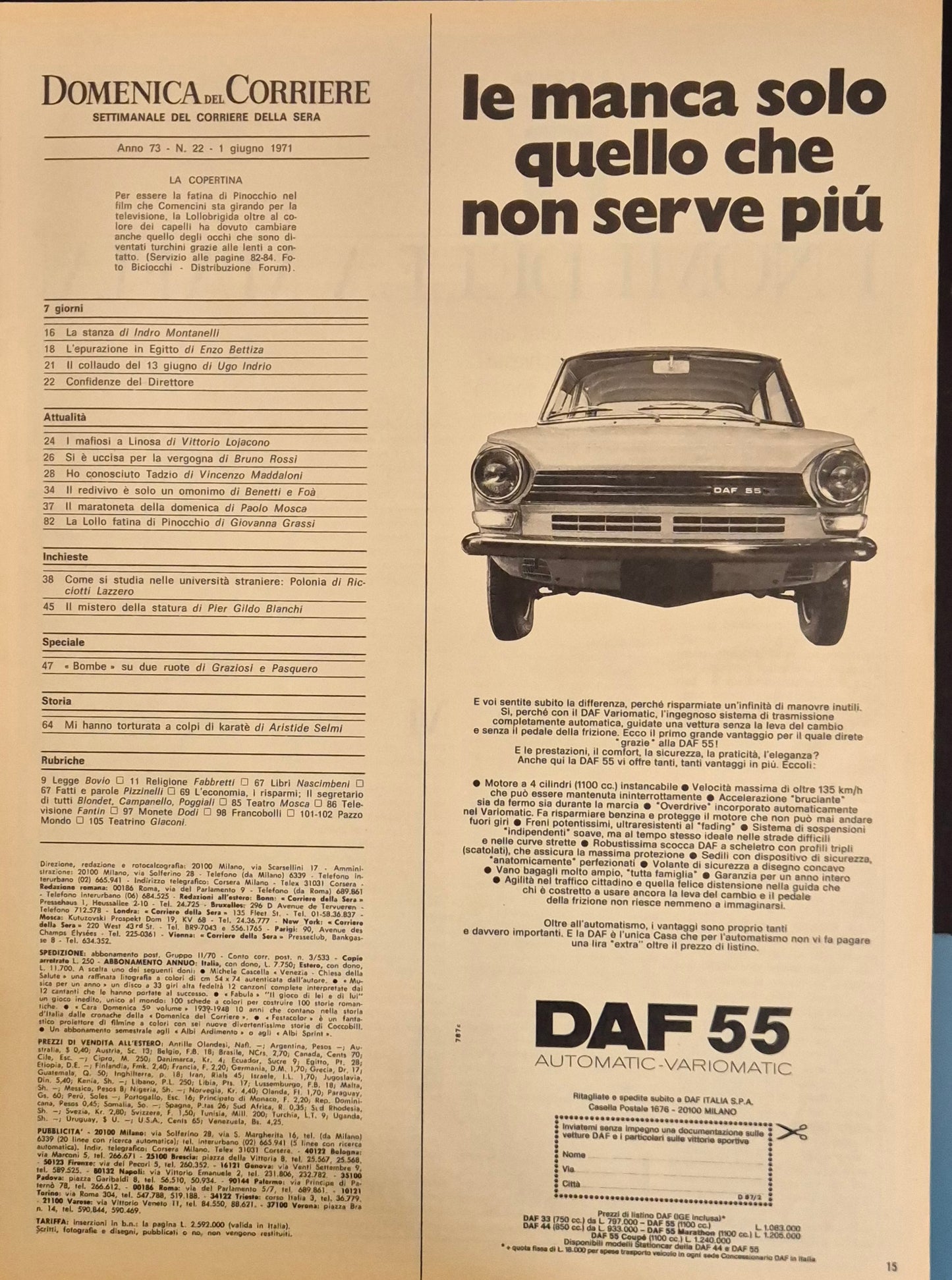 DOMENICA DEL CORRIERE 1 GIUGNO 1970 - LOLLOBRIGIDA PINOCCHIO