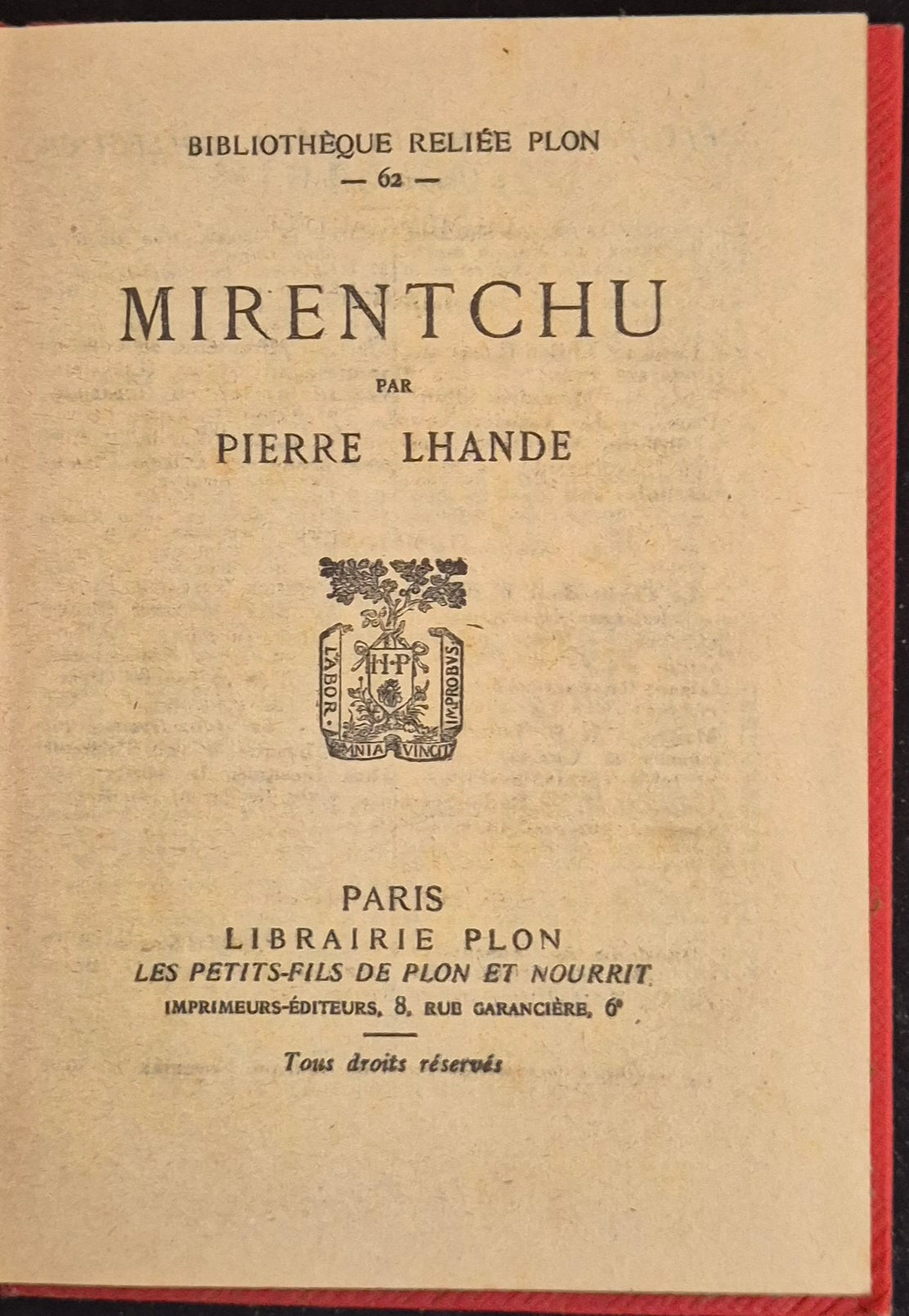 MIRENTCHU - PIERRE LHANDE - PLON 1930 - FRENCH TEXT