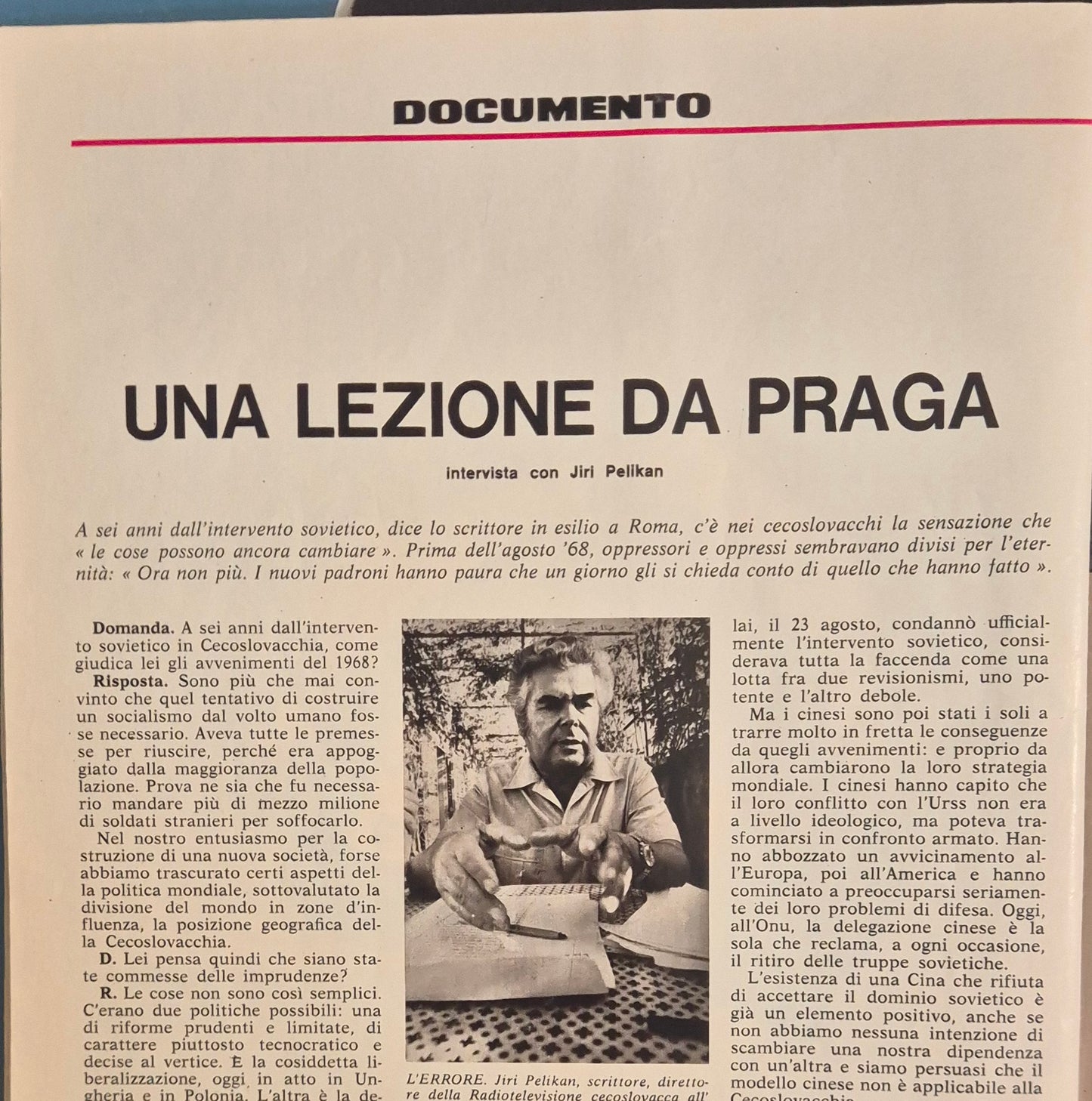 UNA LEZIONE DA PRAGA - JIRI PELIKAN - CLIPPING RITAGLI DI GIORNALE
