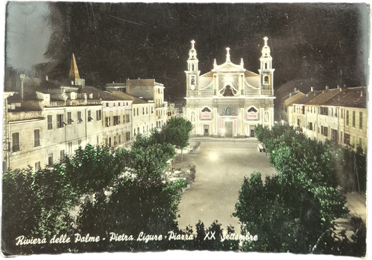 PIETRA LIGURE - PIAZZA XX SETTEMBRE NOTTURNO - V1955 - FG - ACQUARELLATA