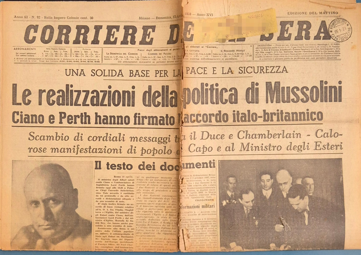CORRIERE DELLA SERA 17 APRILE 1938 - ACCORDO ITALO-BRITANNICO