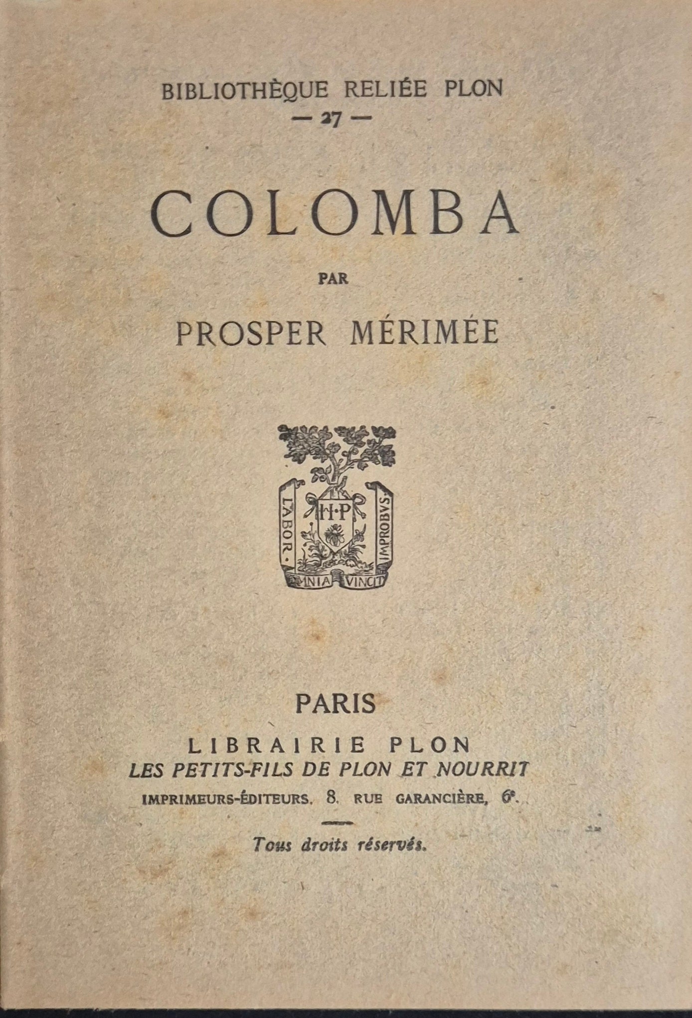 COLOMBA - PROSPER MERIMEE - PLON 1929 - FRENCH TEXT
