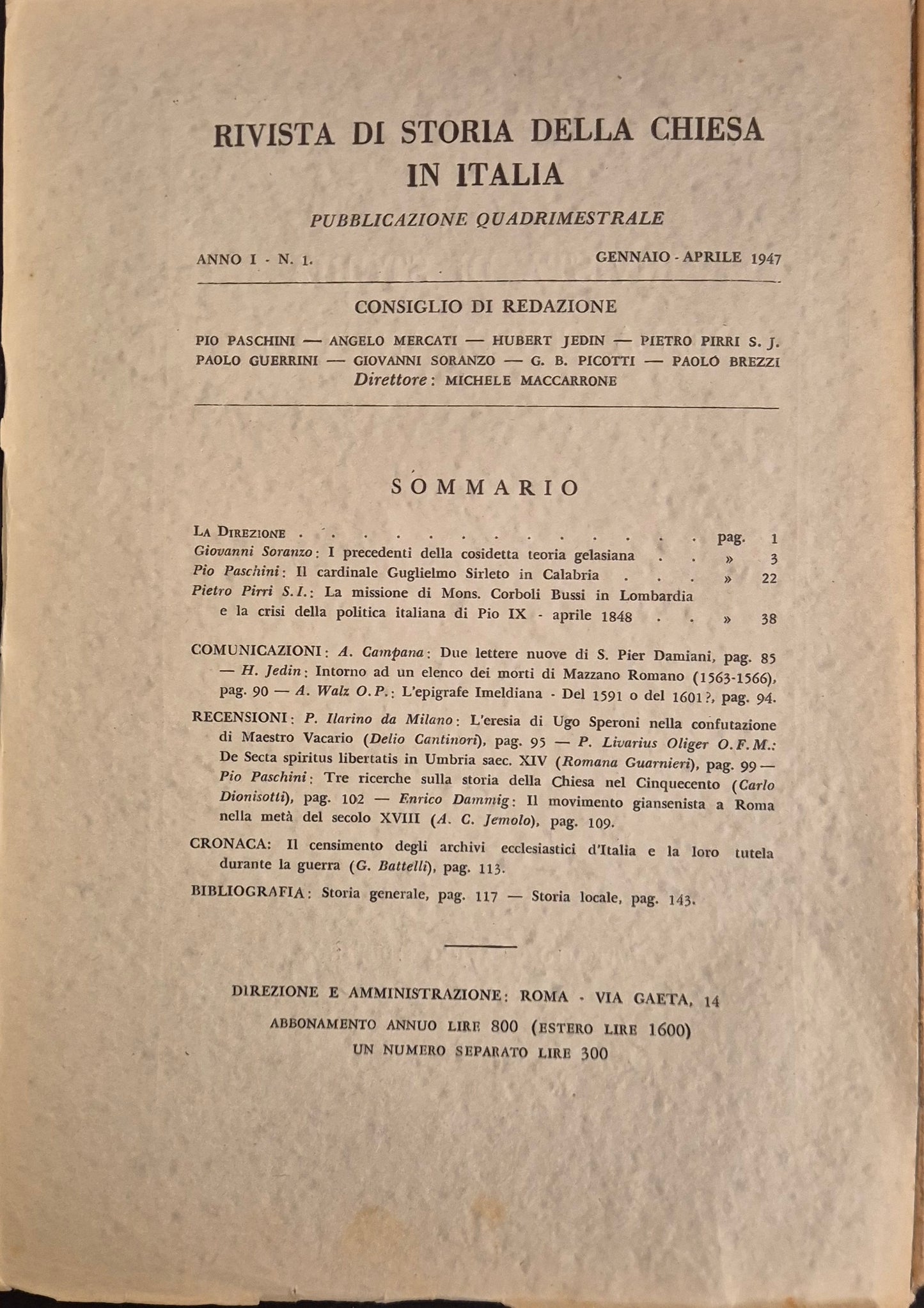 RIVISTA DI STORIA DELLA CHIESA IN ITALIA - ANNO 1 - N. 1