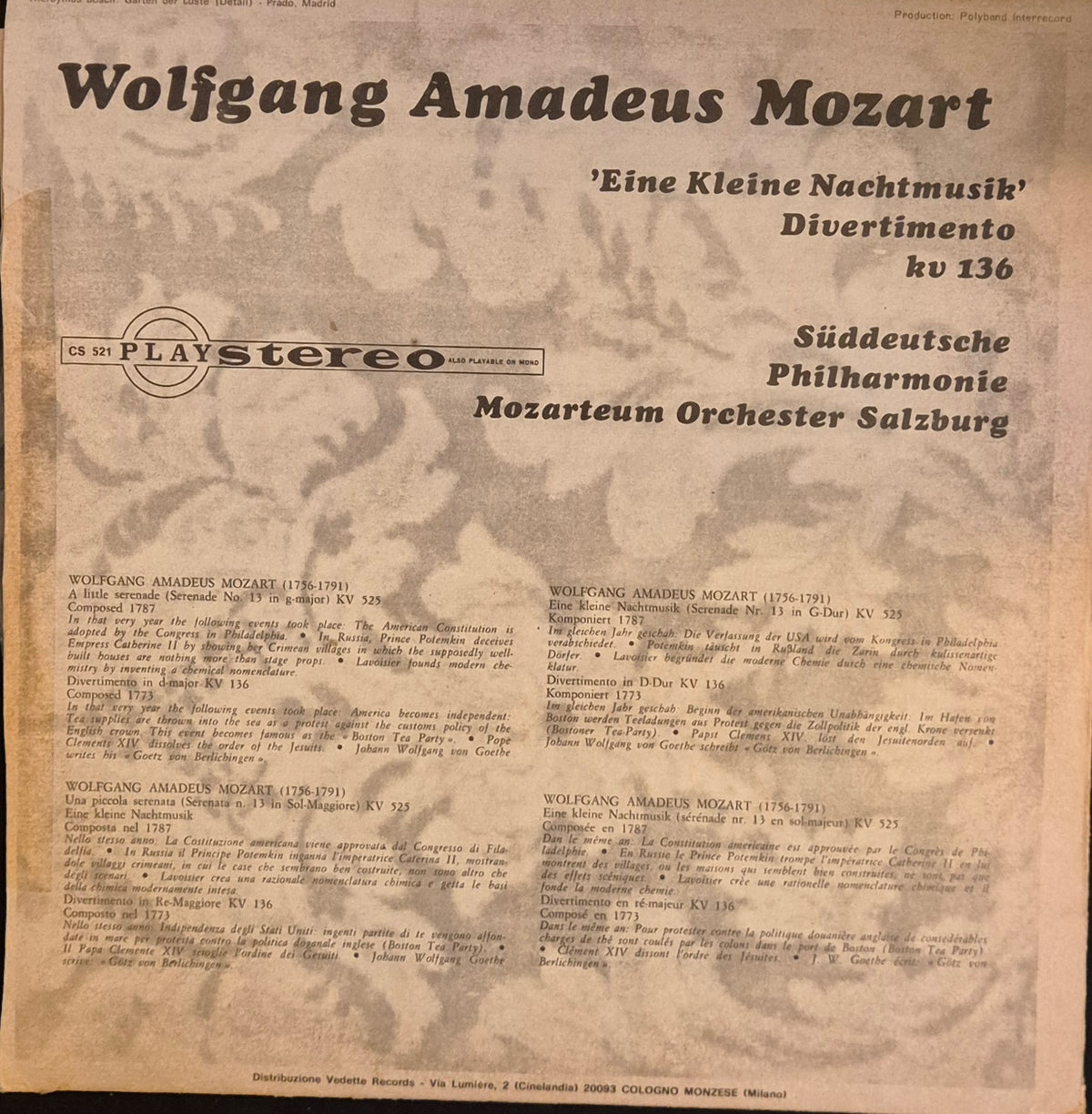EINE KLEINE NACHTMUIK - KV136 DIVERTIMENTO - MOZART - LP 33 GIRI